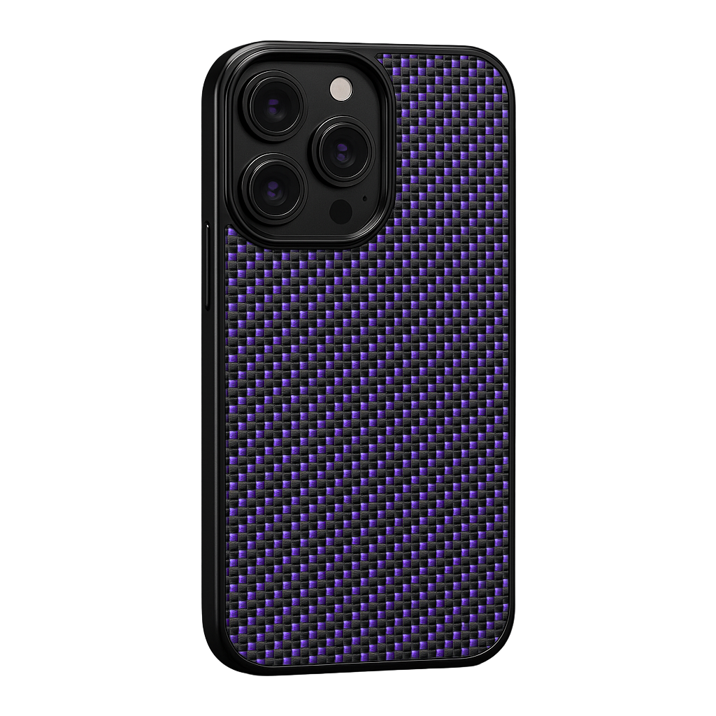 Stealth Carbon™ iPhone case in purple – durable aramid fiber design offering reliable protection with a unique color twist