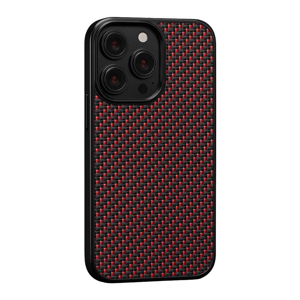 Stealth Carbon™ iPhone case in red – lightweight aramid fiber construction providing robust protection with a vibrant color accent​