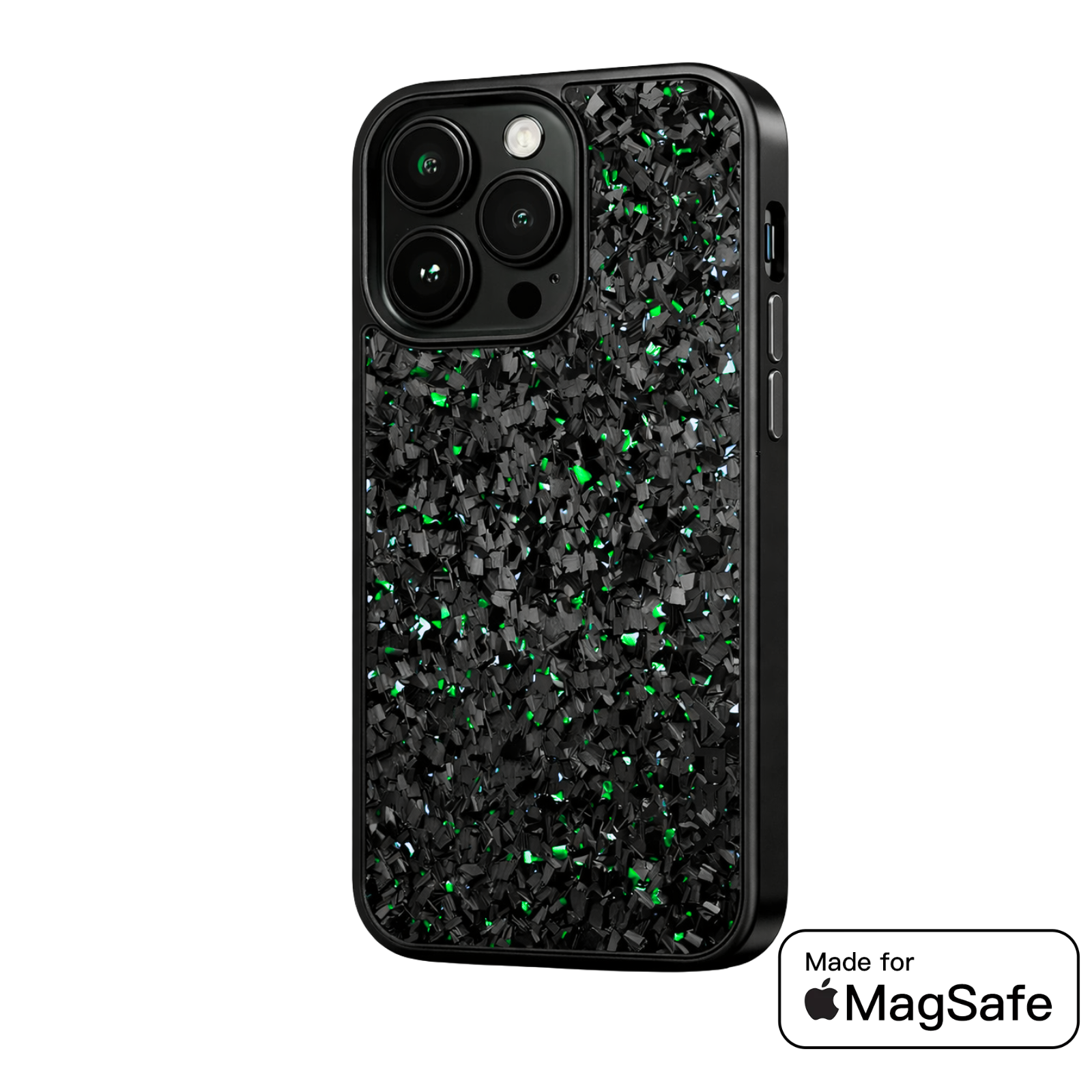 A green iPhone case with a Forged fiber design and MagSafe compatibility, featuring a matte finish with precise cutouts for ports and buttons.