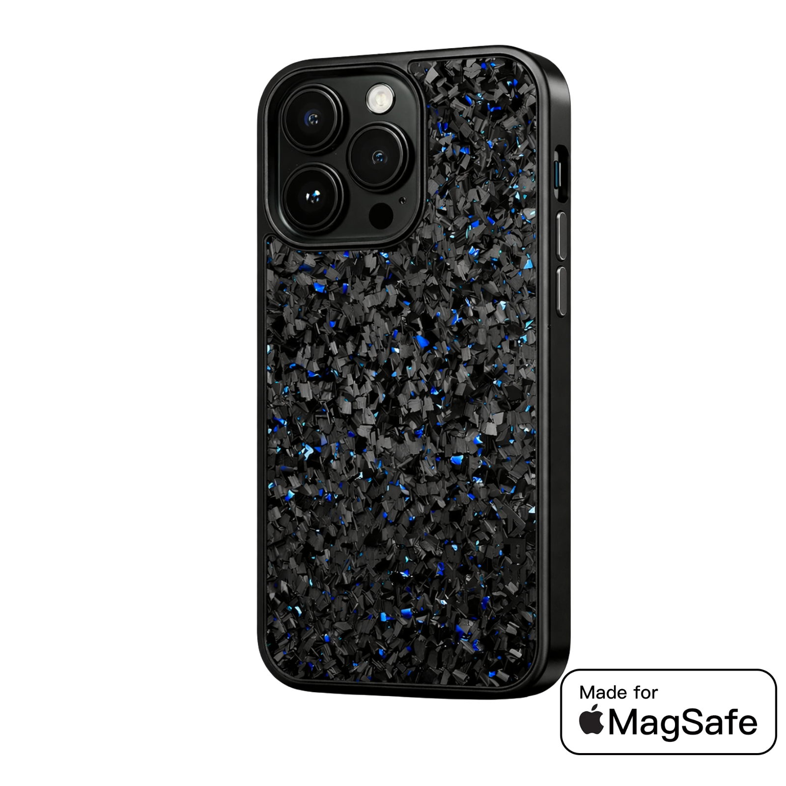 A blue iPhone case with a Forged fiber design and MagSafe compatibility, featuring a matte finish with precise cutouts for ports and buttons.