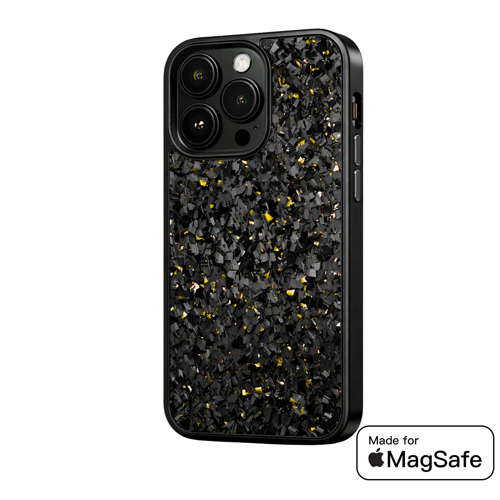 A golden iPhone case with a Forged fiber design and MagSafe compatibility, featuring a matte finish with precise cutouts for ports and buttons.