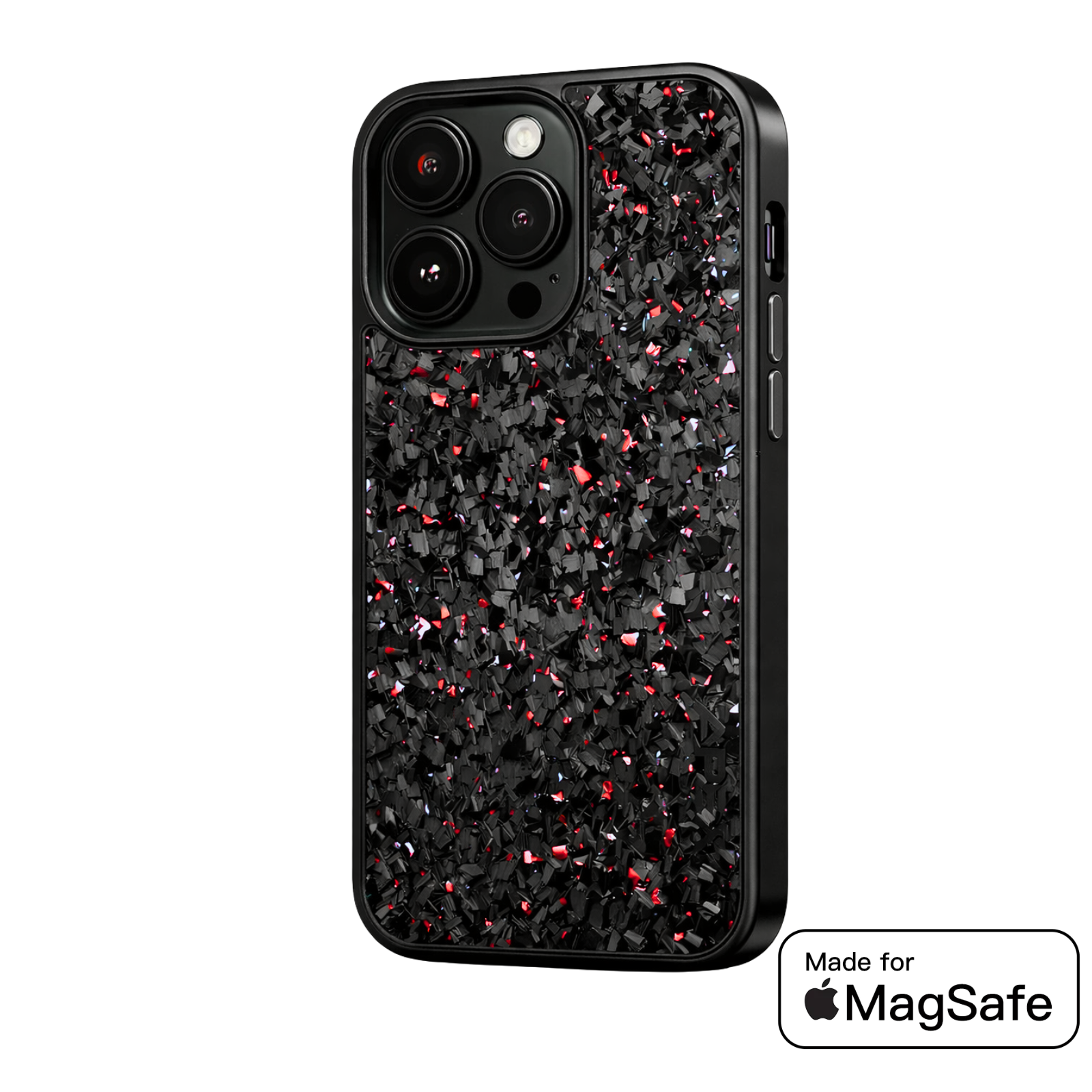 A red iPhone case with a Forged fiber design and MagSafe compatibility, featuring a matte finish with precise cutouts for ports and buttons.