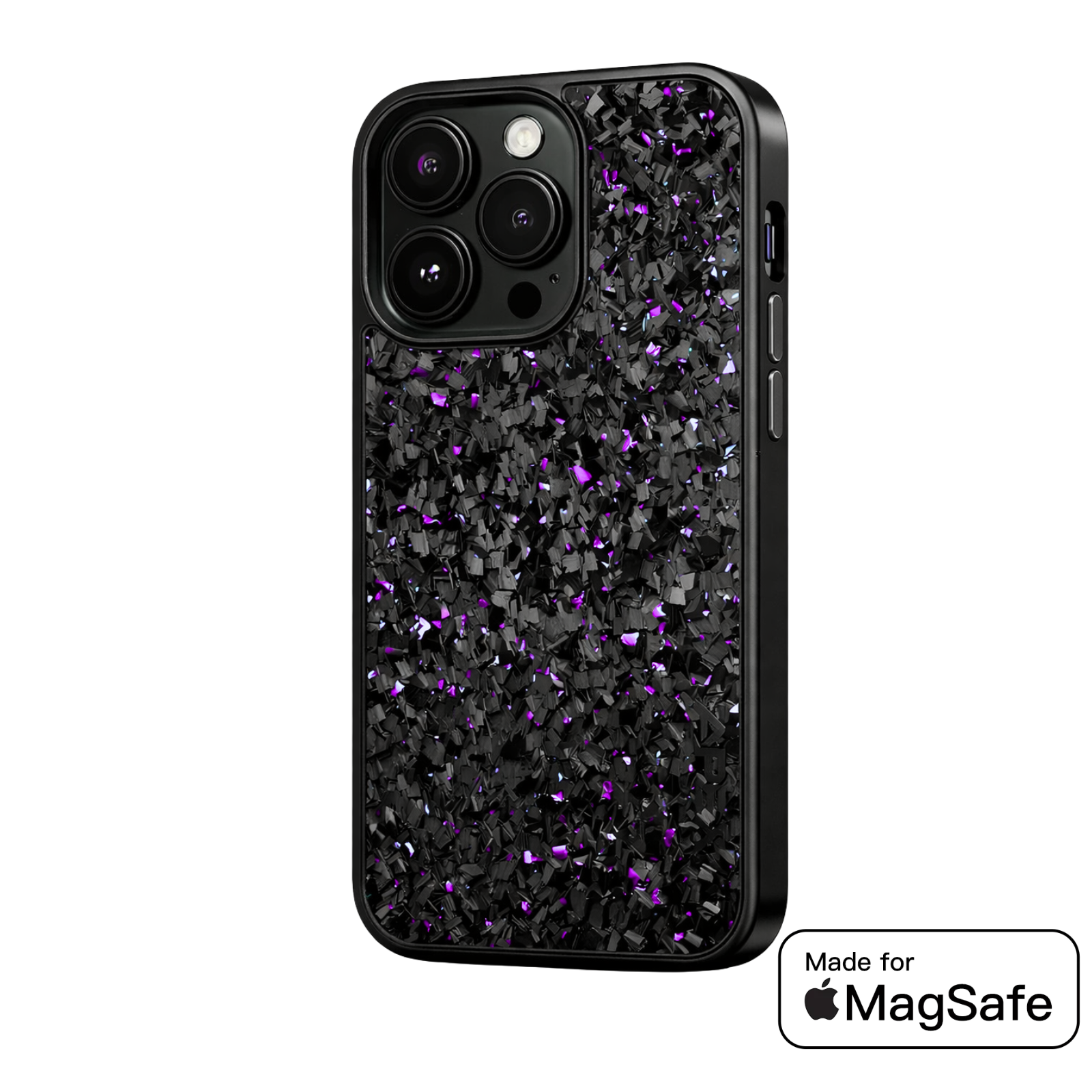 A purple iPhone case with a Forged fiber design and MagSafe compatibility, featuring a matte finish with precise cutouts for ports and buttons.